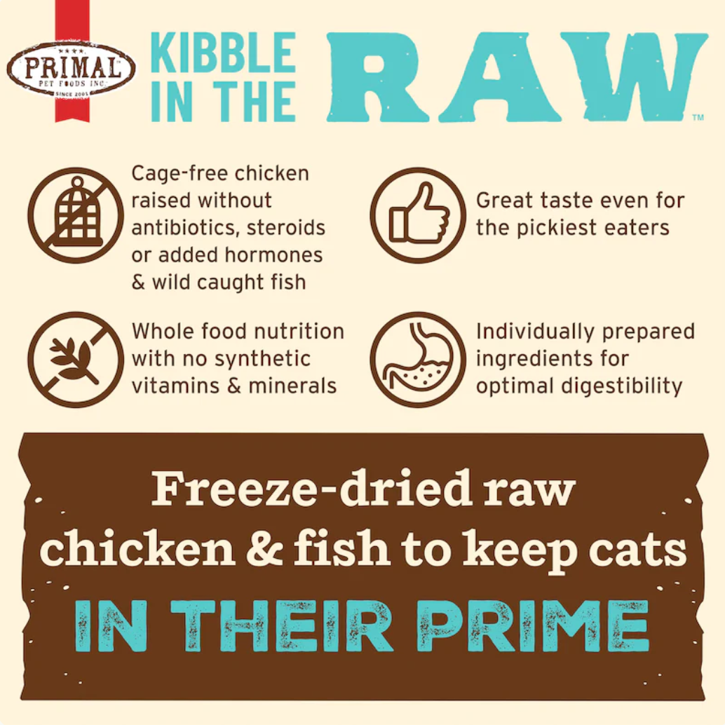 Primal Kibble In The Raw Chicken & Fish cat food packaging shown from a side angle view.