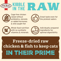 Primal Kibble In The Raw Chicken & Fish cat food packaging shown from a side angle view.