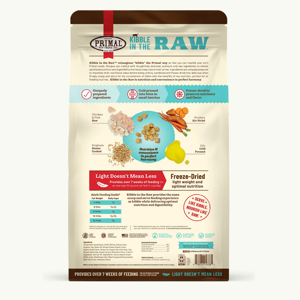 Primal Kibble In The Raw Chicken & Fish dry cat food packaging, final product view.