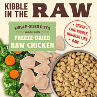Primal Kibble In The Raw Chicken cat food packaging shown from an alternate angle highlighting product details.