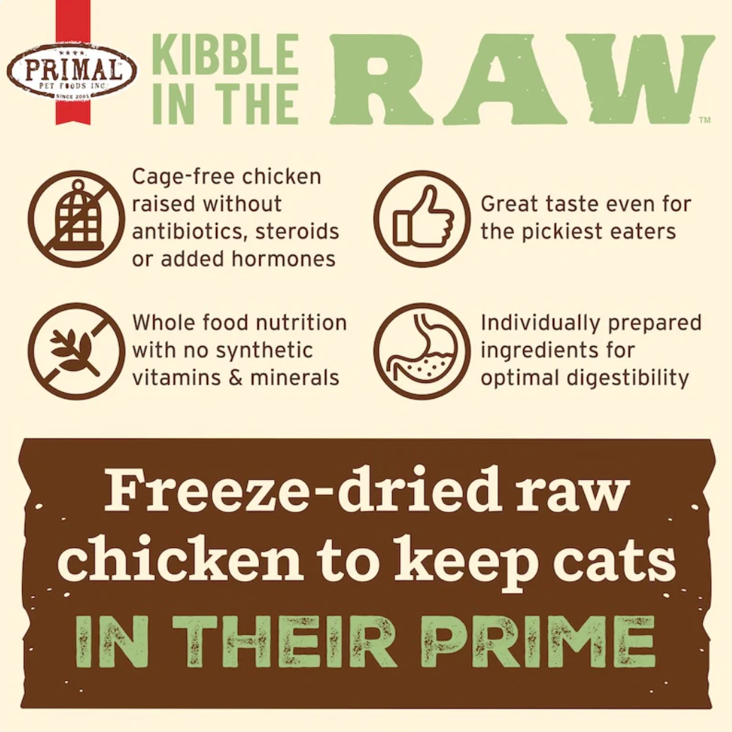 Primal Kibble In The Raw Chicken cat food packaging displayed showing product branding and details.