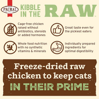 Primal Kibble In The Raw Chicken cat food packaging displayed showing product branding and details.