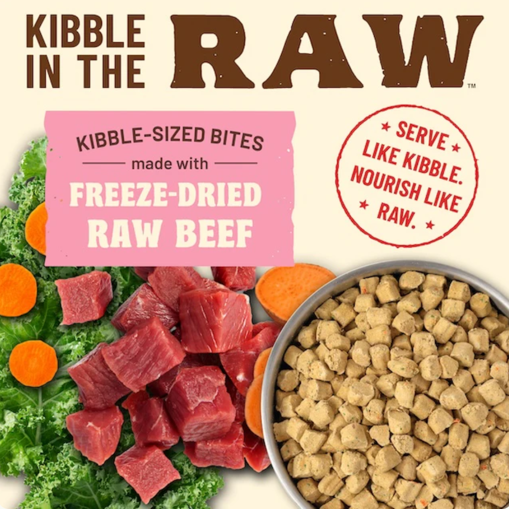 Close-up detail of Primal Kibble In The Raw Beef dry cat food packaging design and branding.