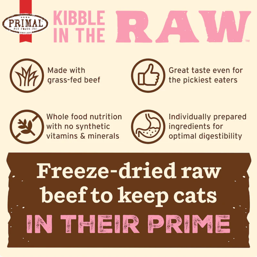 Primal Kibble In The Raw Beef cat food package displayed from an alternate angle showing product details.