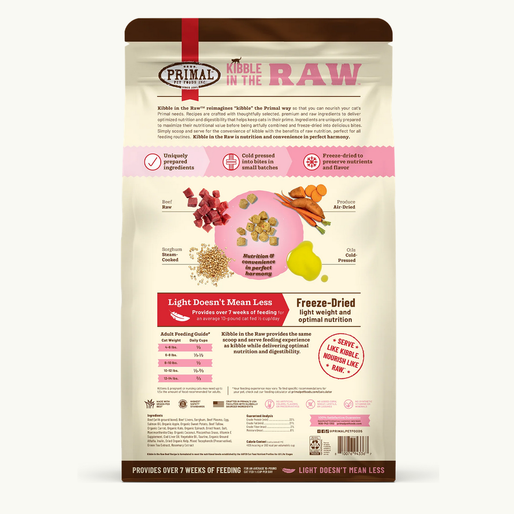 Primal Kibble In The Raw Beef cat food packaging displayed as the final product view.