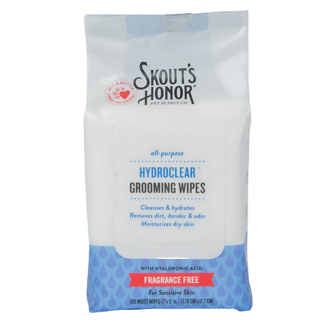 Skout's Honor HydroClear Grooming Wipes package featuring hyaluronic acid formula for pet hygiene and skin hydration.