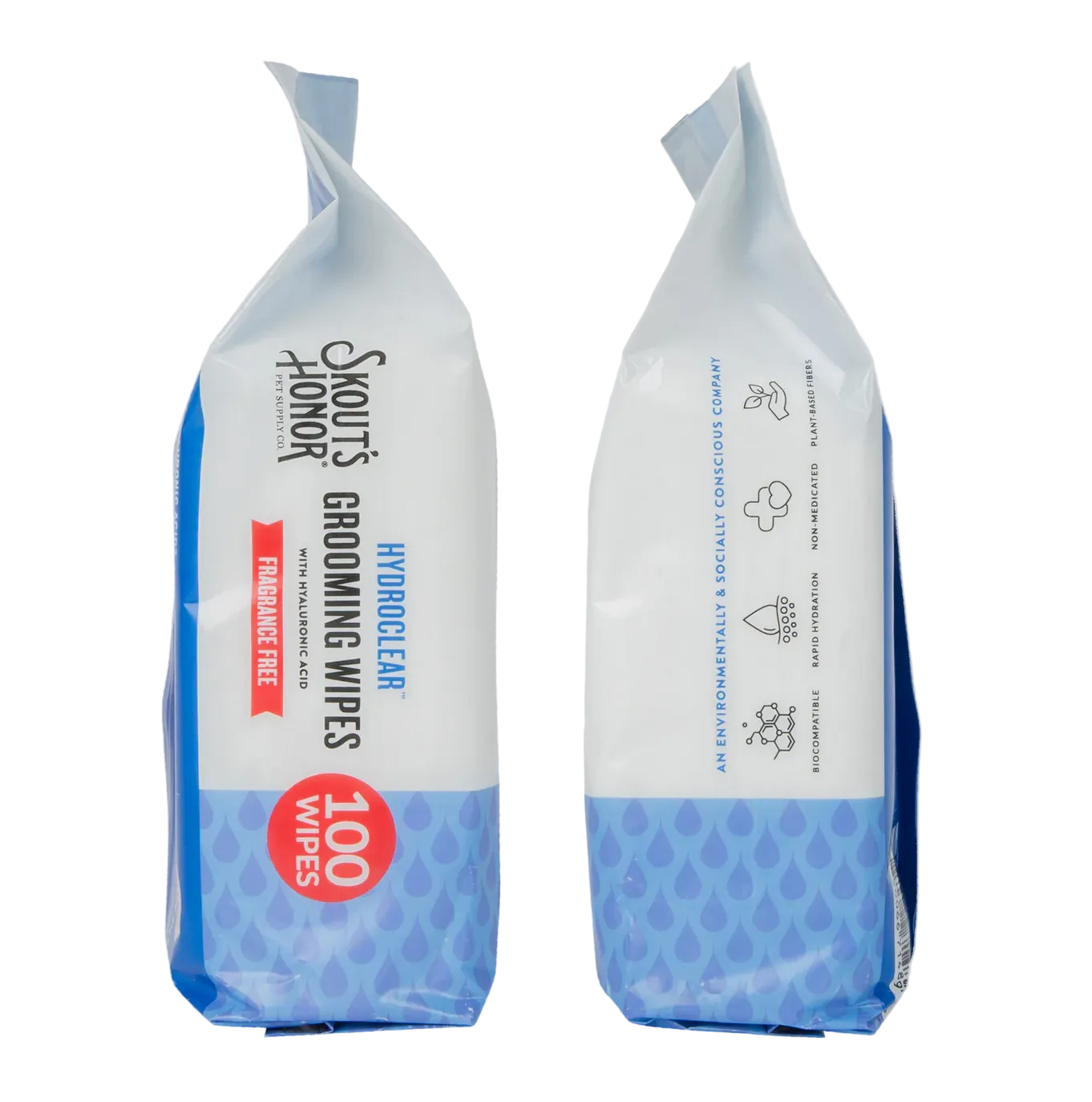 Skout's Honor HydroClear Wipes package showing hyaluronic acid formula details for pet grooming and hydration.