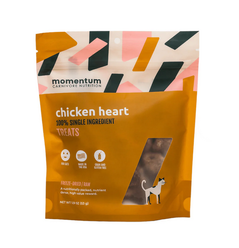 Momentum freeze-dried chicken heart cat treats package featuring single-ingredient natural feline nutrition product.
