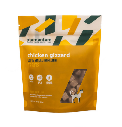 Momentum freeze-dried chicken gizzard cat treats package showing single-ingredient organ meat treats for cats.