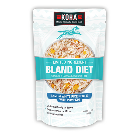 Koha Bland Recipe Lamb 12.5oz dog food can with blue and white label on white background