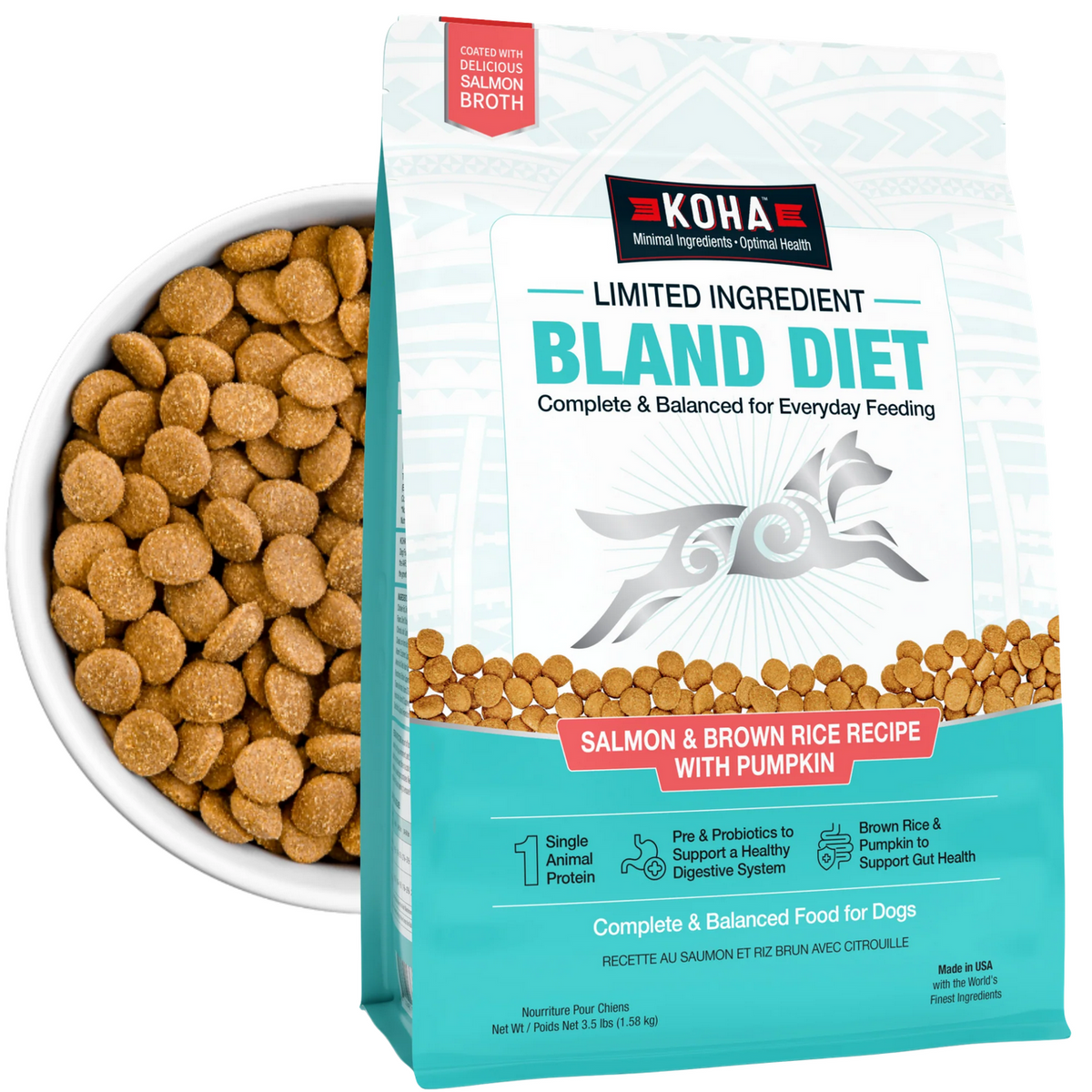 Koha Bland Recipe Salmon Kibble dry dog food bag shown as the final product gallery image.