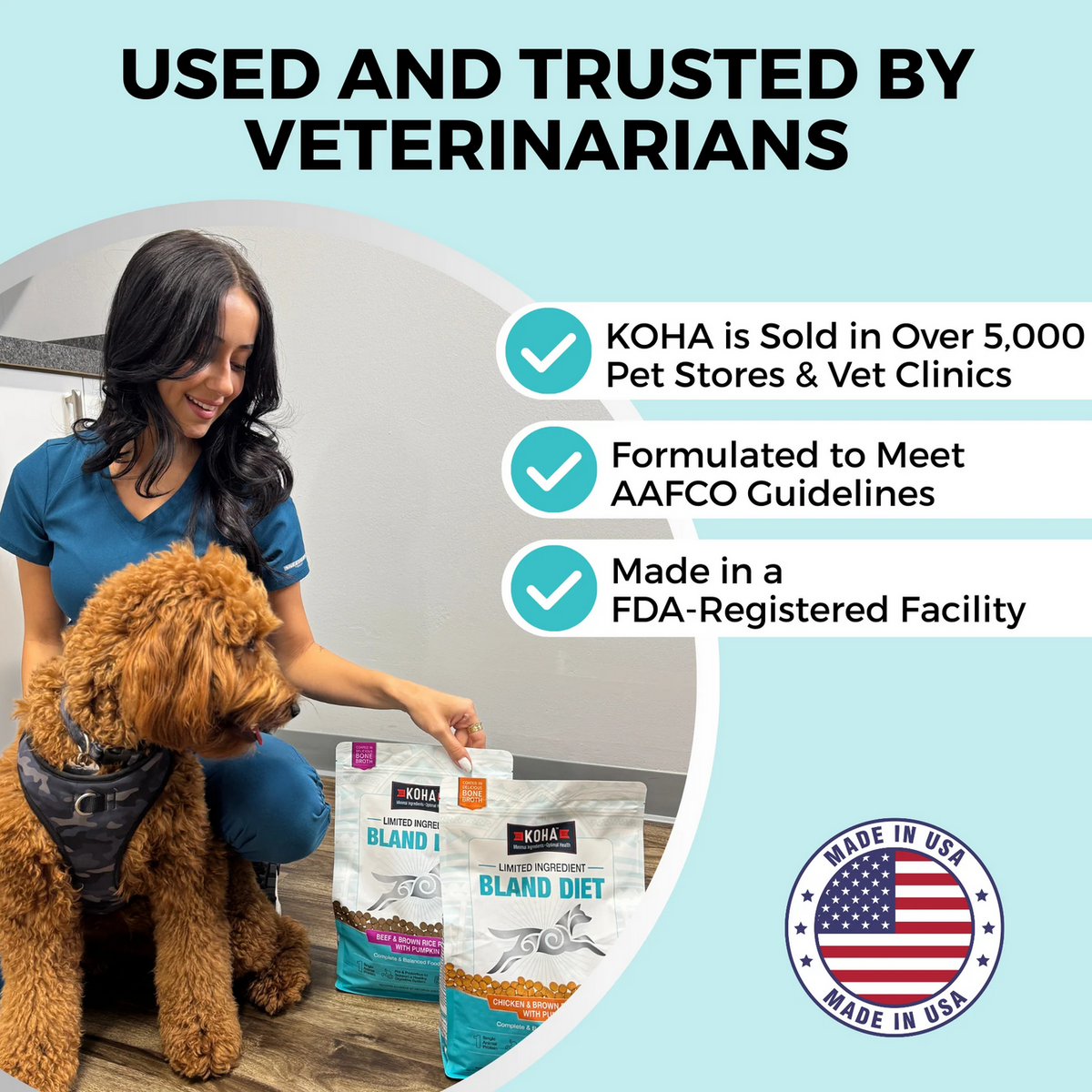 Koha Bland Recipe Salmon Kibble bag shown in a real-home setting alongside a happy, healthy dog.