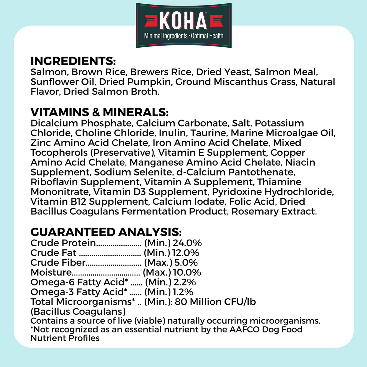 Koha Bland Recipe Salmon Kibble bag shown from an alternate angle highlighting product details.