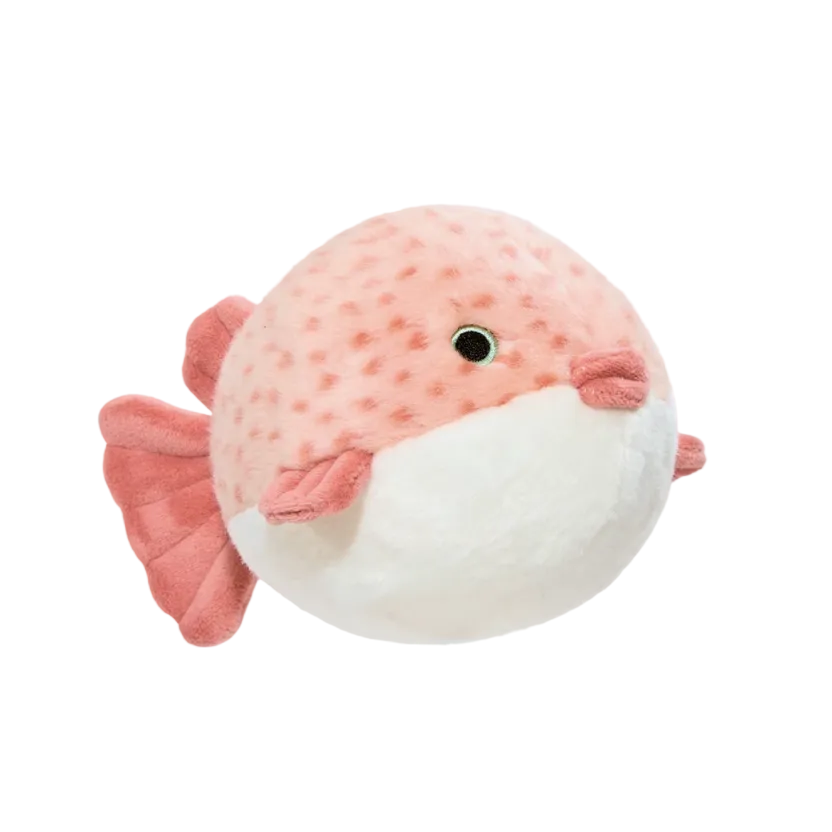 Fluff & Tuff Dottie Puffer Fish dog toy in yellow with black spots and spiky texture.