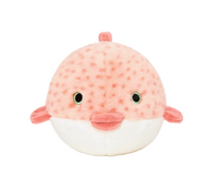 Fluff & Tuff Dottie Puffer Fish dog toy packaging or size reference showing product details and dimensions.