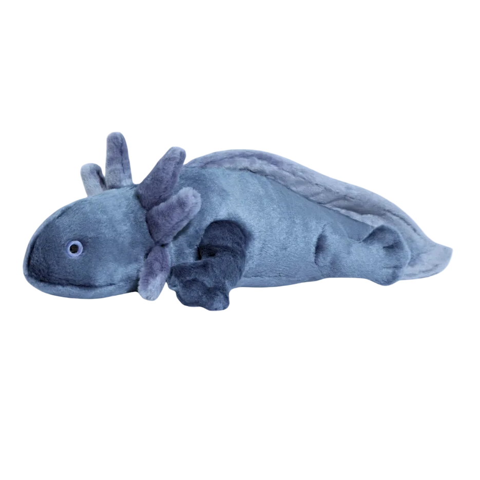 Fluff & Tuff Millie Axolotl plush dog toy in pink with distinctive gills and elongated amphibian shape.