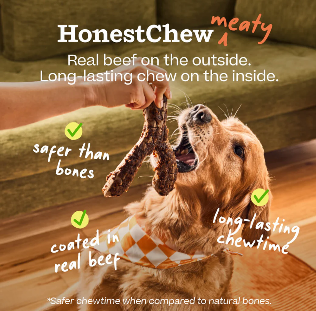 Close-up detail of Woof HonestChew Meaty dog treat showing texture and natural ingredients.