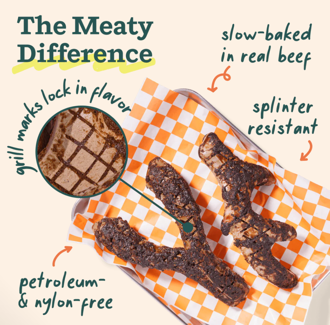 Close-up detail of Woof HonestChew Meaty treat packaging highlighting ingredients or texture features.