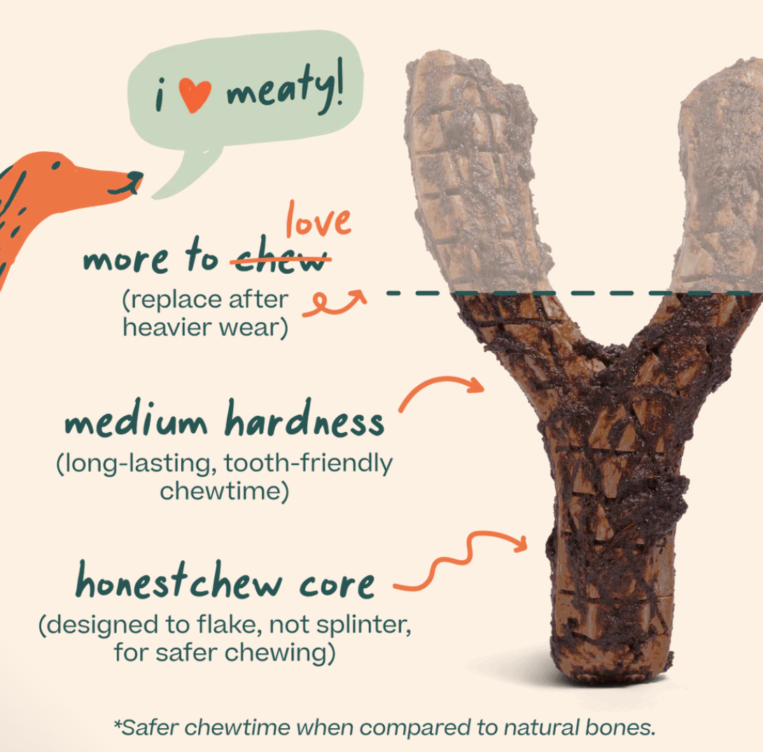 Woof HonestChew Meaty dog treat package shown from an alternate angle highlighting product details.