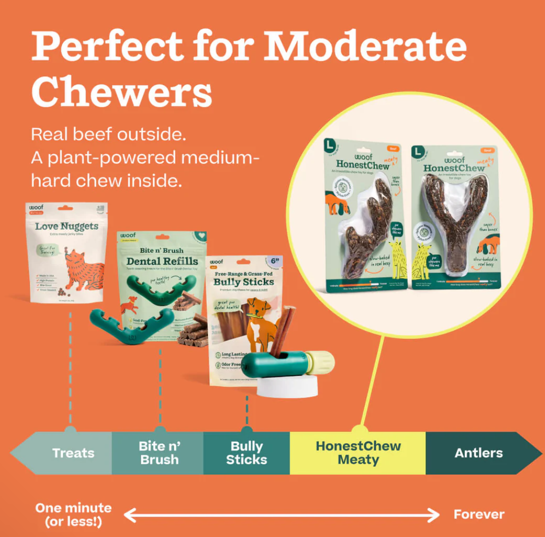 Woof HonestChew Meaty dog treat shown from an alternate angle highlighting texture and ingredients.