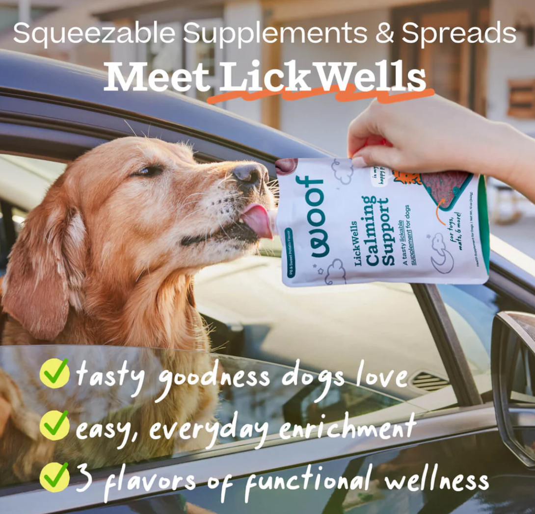 Woof LickWells dog treats shown in a lifestyle setting highlighting everyday use and texture.