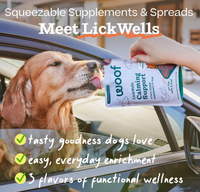 Woof LickWells dog treats shown in a lifestyle setting highlighting everyday use and texture.