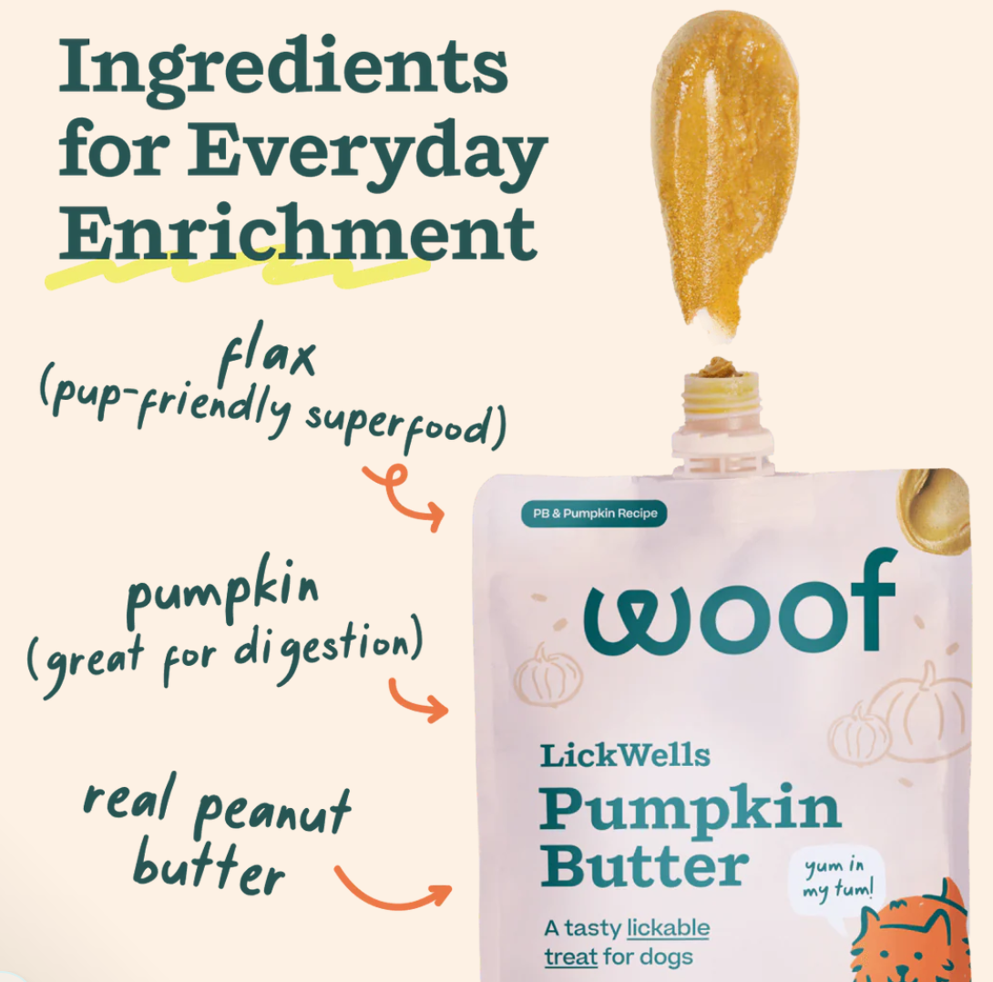Close-up detail of Woof LickWells treat packaging showing product texture, ingredients, or usage instructions.