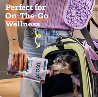 Woof LickWells pet treats package shown from an alternate angle highlighting product details.