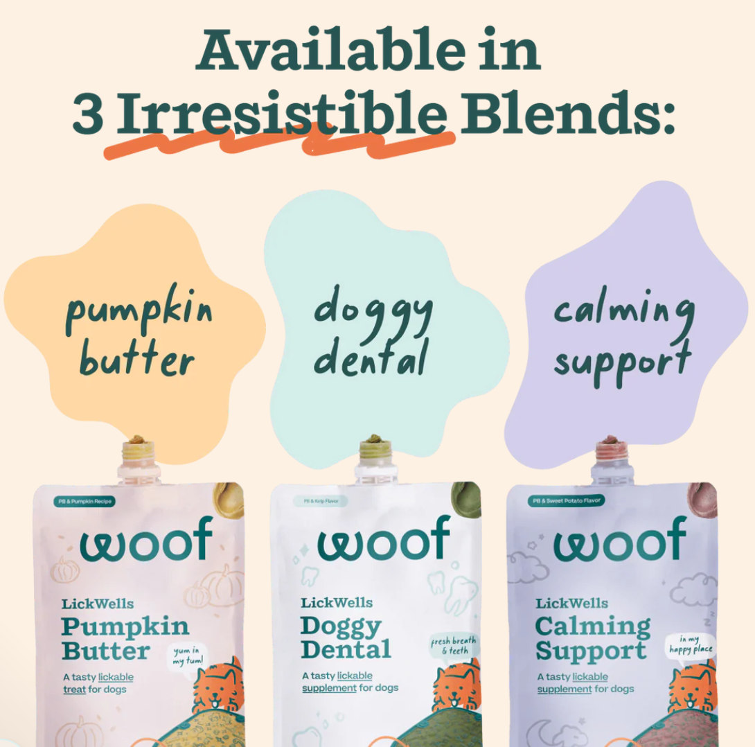 Close-up detail of Woof LickWells treat packaging highlighting ingredients or texture information.