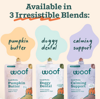 Close-up detail of Woof LickWells treat packaging highlighting ingredients or texture information.