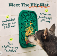 Woof FlipMat pet feeding mat shown in use beneath a dog's food and water bowls.