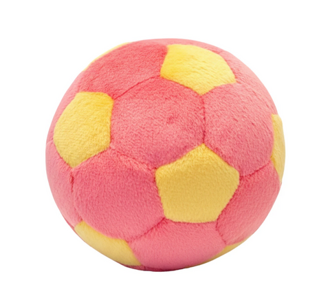 Fluff & Tuff Lemonade Soccer Ball plush dog toy in bright yellow with white hexagonal panels and soccer ball design.