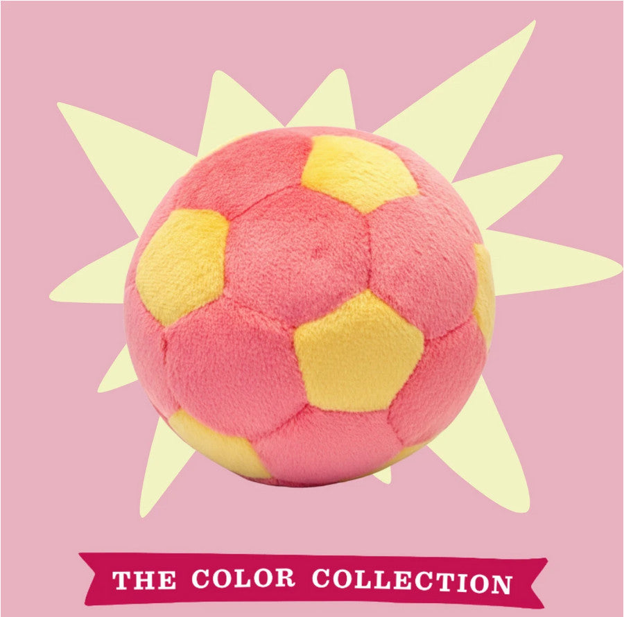 Fluff & Tuff Lemonade Soccer Ball plush dog toy showing detailed stitching and soft yellow fabric construction.