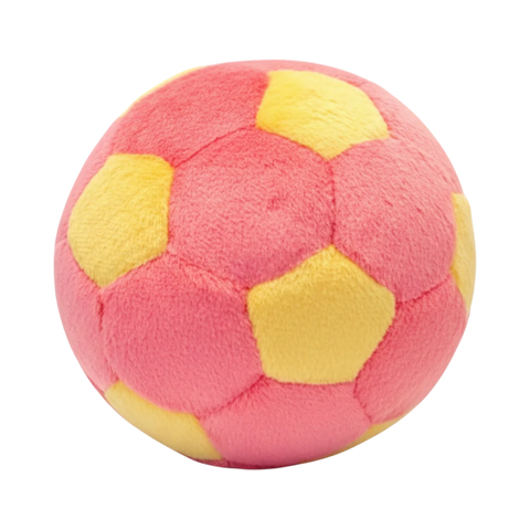 Fluff & Tuff Lemonade Soccer Ball plush dog toy in bright yellow with white hexagonal panels and soccer ball design.