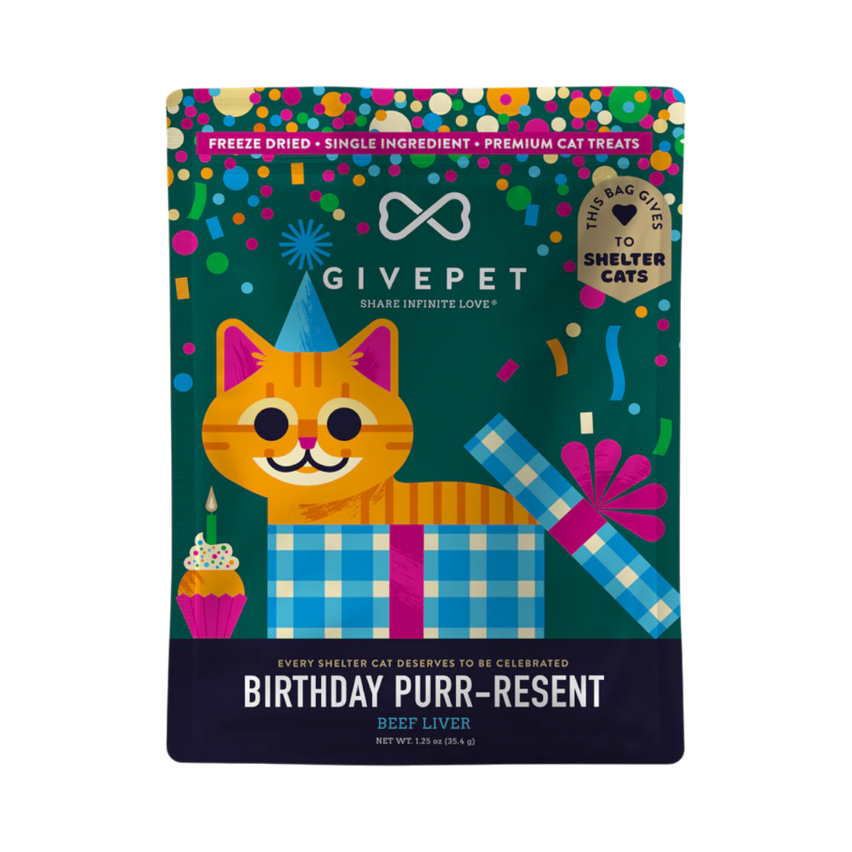 GivePet Birthday Purr-resnt cat treats packaging displayed as the primary product shot.