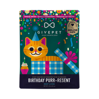 GivePet Birthday Purr-resnt cat treats packaging displayed as the primary product shot.