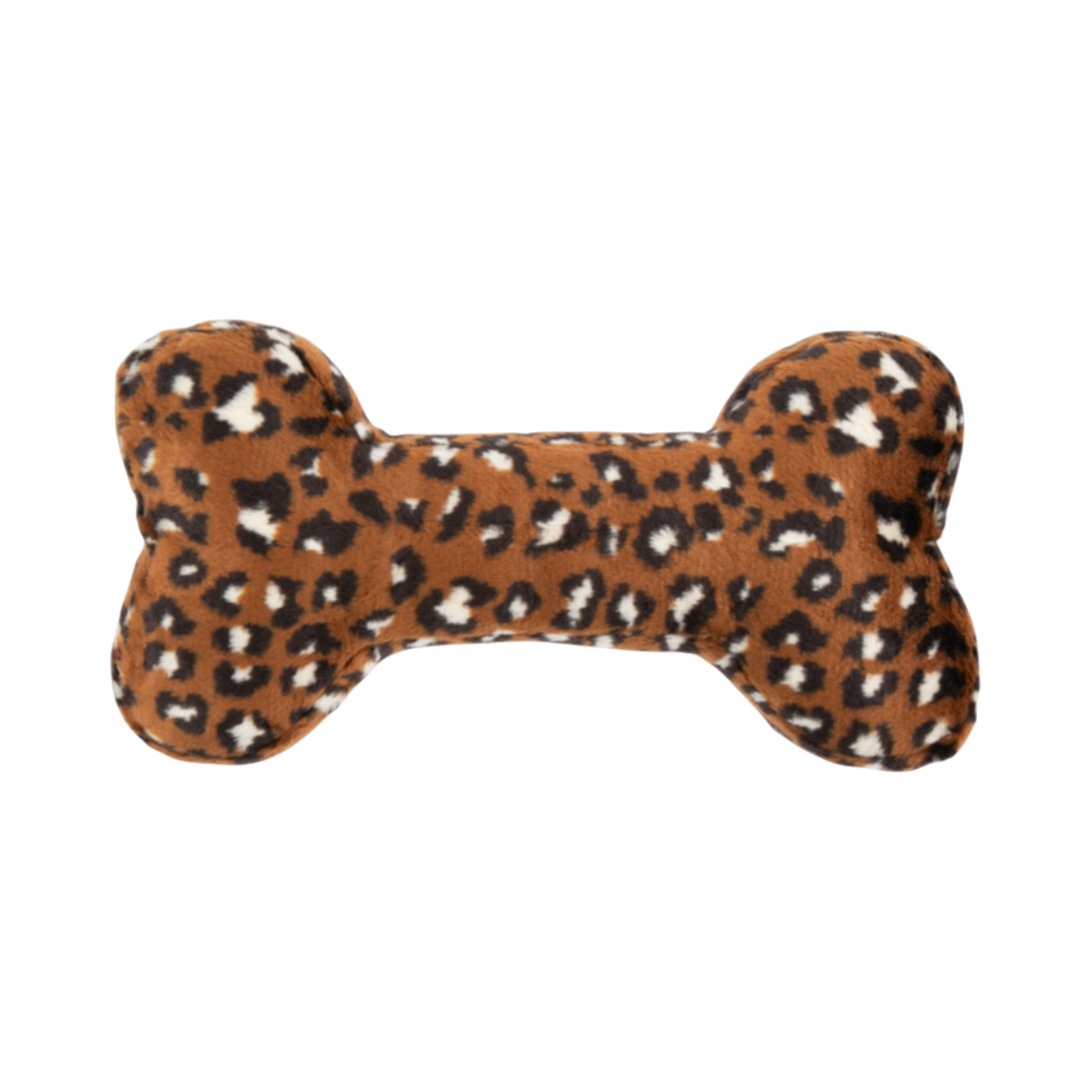 Fluff & Tuff Jaguar Bone plush dog toy with realistic spotted jaguar print design.