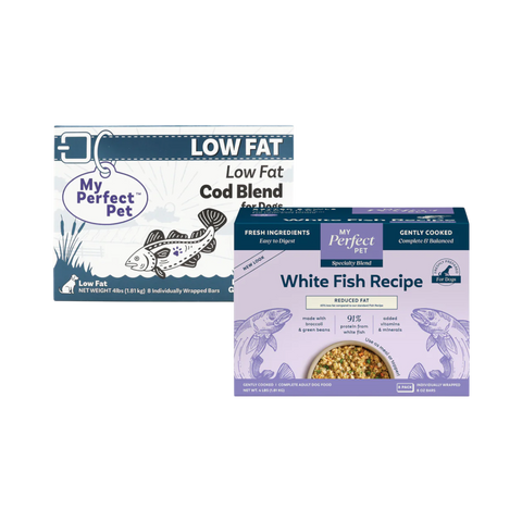 My Perfect Pet Low Fat Cod 4lb dry dog food bag displayed as the primary product shot.