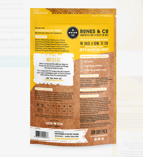 Bones & Co Chicken Cube 18lb frozen raw dog food package showing nutritional information and feeding guidelines.