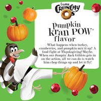 Fromm Crunchy O's Pumpkin Kran Pow dog treats package showing ingredient details and nutritional information.
