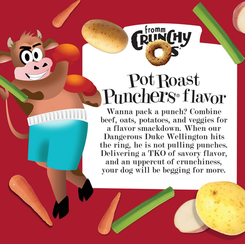 Fromm Pot Roast Punchers dog treats scattered on surface showing bone-shaped biscuits and crunchy texture