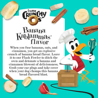 Fromm Crunchy O's Banana Kablamma dog treats scattered on surface showing round cereal-like shape and golden color.