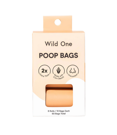 Wild One eco-friendly poop bags packaging showing six rolls of cornstarch-based biodegradable waste bags for dogs.