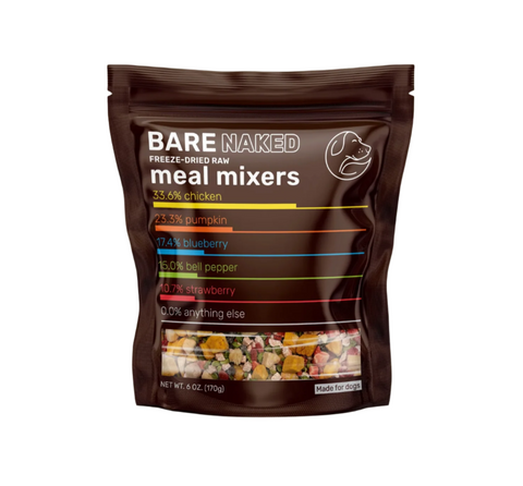 Package of Bare Naked Freeze-Dried Raw meal mixers on a beige background