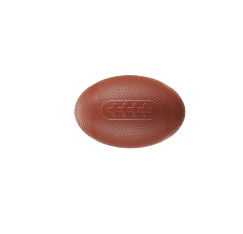 Brown textured football-shaped dog toy on a white background