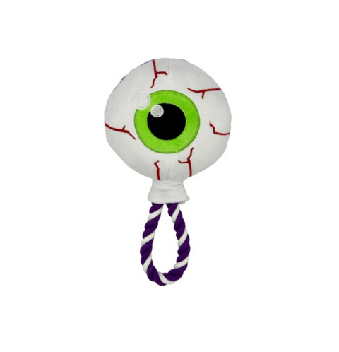 Eyeball-shaped toy with a purple rope on a white background