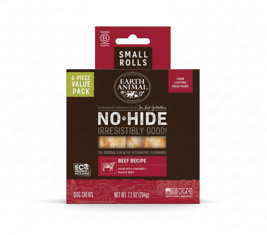 Earth Animal No-Hide Beef Recipe dog chews packaging on a black background