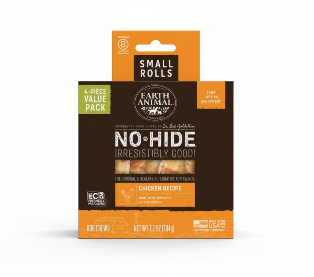 Packaging of Earth Animal No-Hide Chicken Recipe dog chews on a black background
