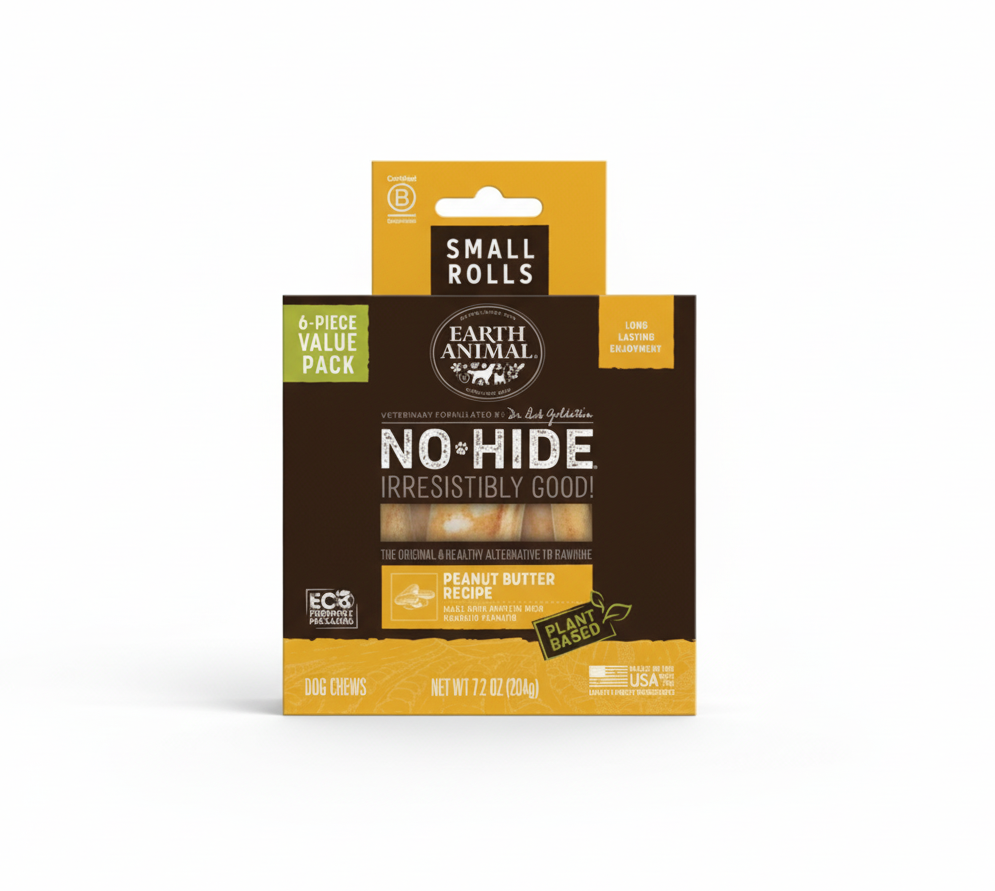 Packaging of Earth Animal No-Hide Peanut Butter dog chews on a black background