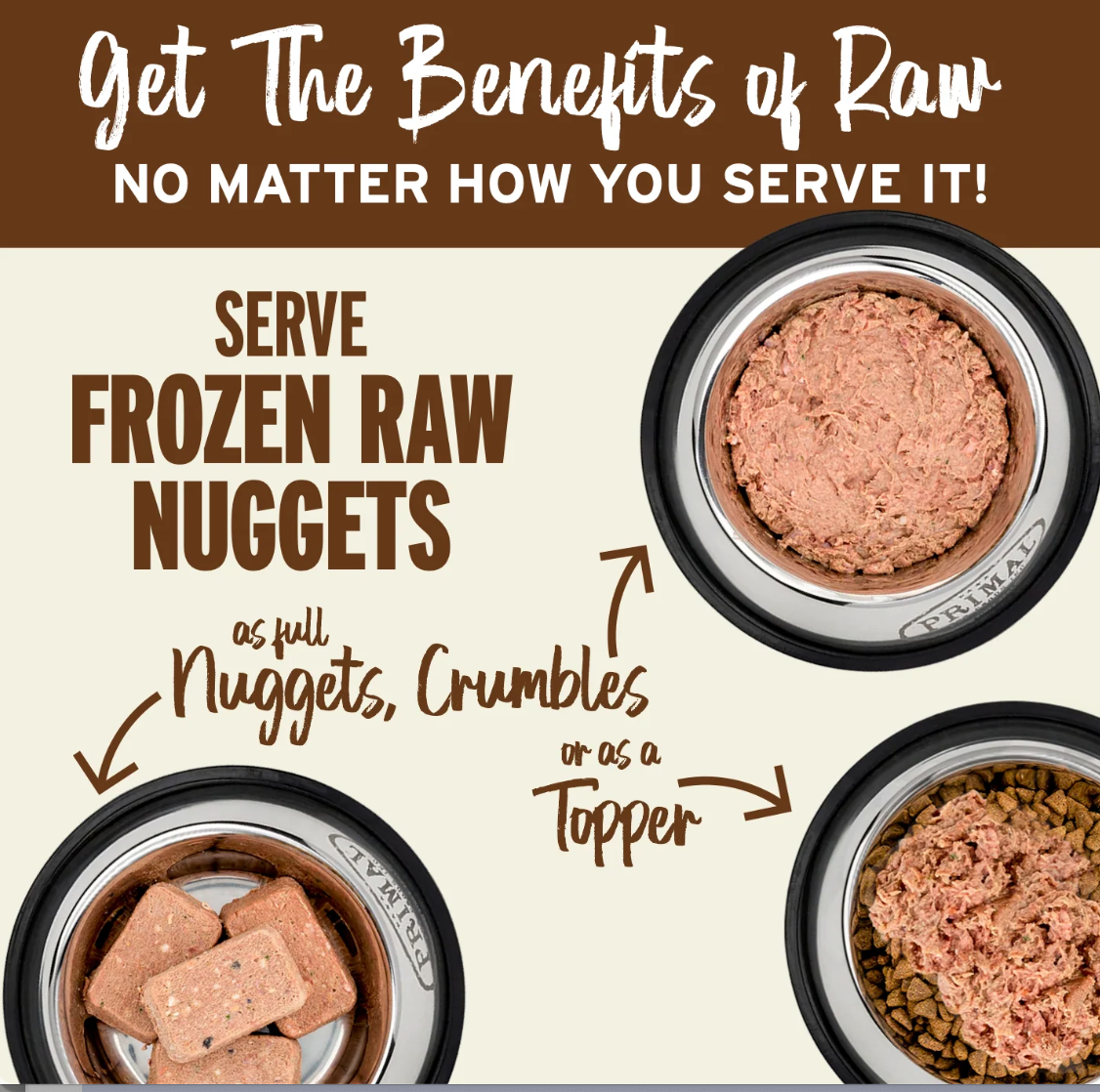 Primal frozen raw duck dog food package showing nutritional information and feeding guidelines on back label